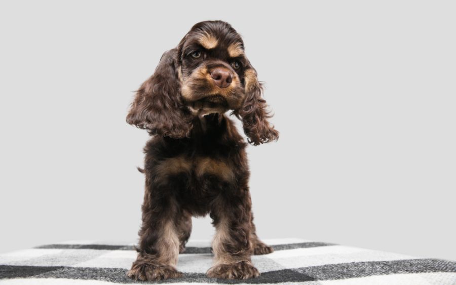 Cocker spaniel amerykański szczeniak pozuje na białym tle