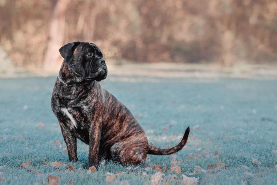 bullmastiff pies pręgowany siedzi na oszronionej trawie