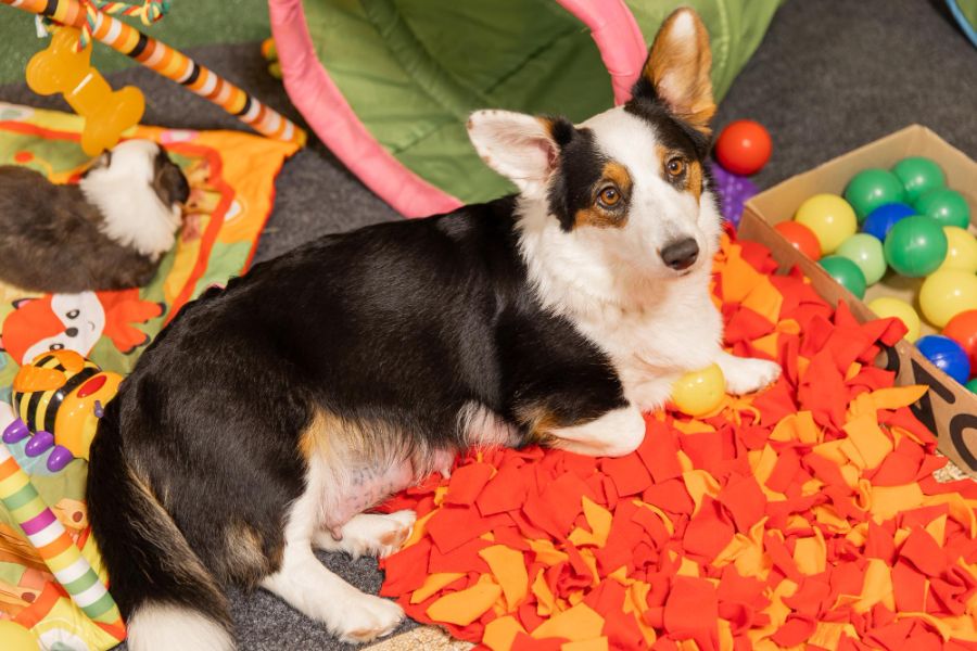 cardigan welsh corgi ze szczeniakiem leży na zabawkach